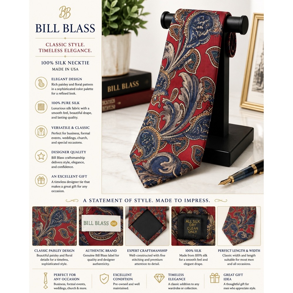 Bill Blass Men's 100% Silk Paisley Floral Necktie Red Blue Classic Designer Tie